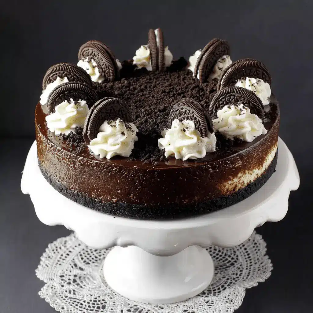 Detailed photo of a tall, decadent triple-layer oreo cheesecake topped with chocolate ganache, whipped cream swirls, and whole Oreo cookies on a white pedestal stand.