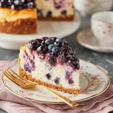 Elegant slice of blueberry cheesecake with swirled filling and glossy compote on a vintage gold-rimmed plate.
