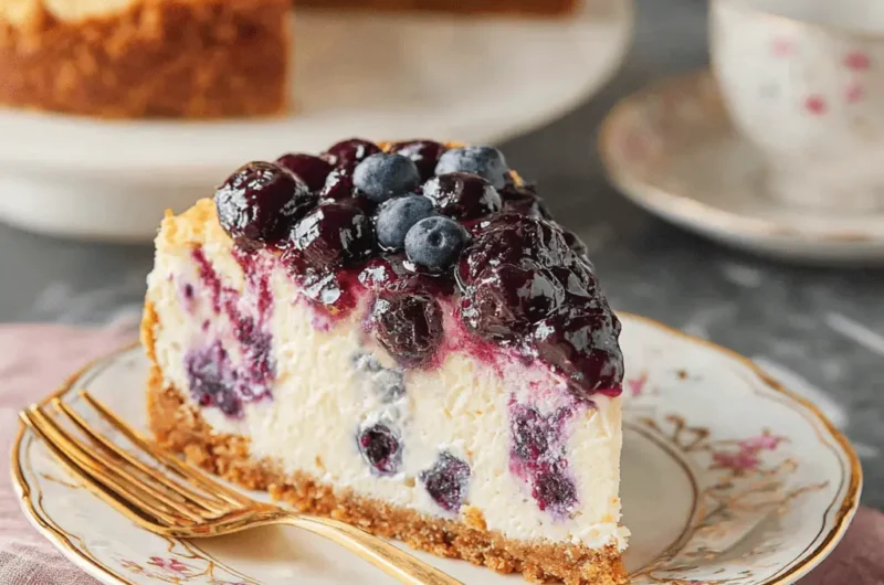 Elegant slice of blueberry cheesecake with swirled filling and glossy compote on a vintage gold-rimmed plate.
