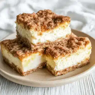Three stacked slices of layered **sopapilla cheesecake** bars, highlighting the creamy filling and thick cinnamon streusel topping.