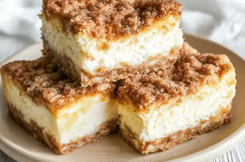 Three stacked slices of layered **sopapilla cheesecake** bars, highlighting the creamy filling and thick cinnamon streusel topping.