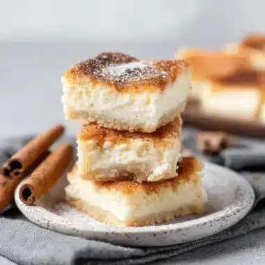 Stacked churro cheesecake bars dusted with cinnamon and sugar on a rustic ceramic plate, accented by whole cinnamon sticks.