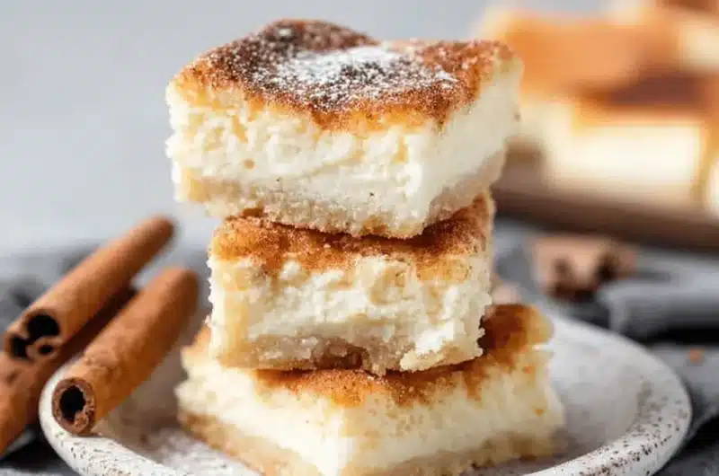 Stacked churro cheesecake bars dusted with cinnamon and sugar on a rustic ceramic plate, accented by whole cinnamon sticks.