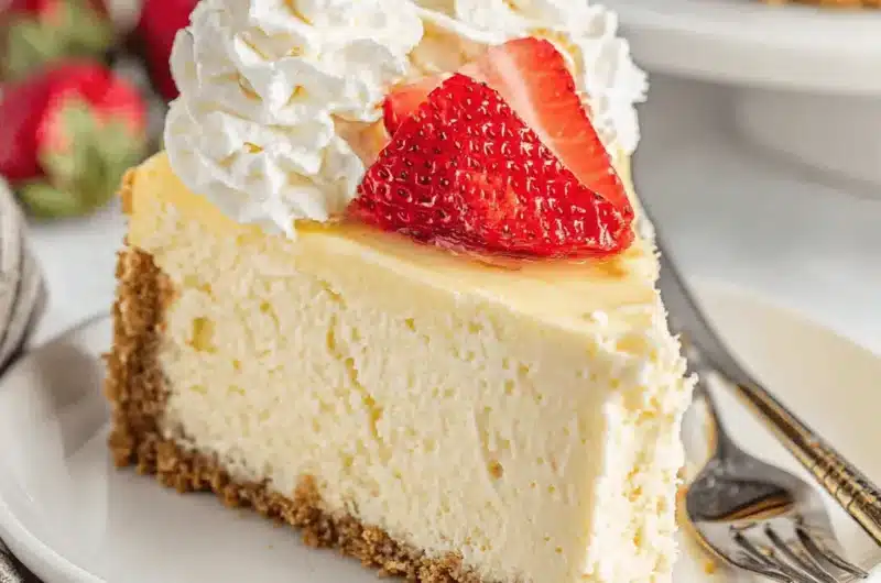 Classic strawberry cheesecake slice with glossy glaze and whipped cream, embodying the delicious cheesecake aesthetic.