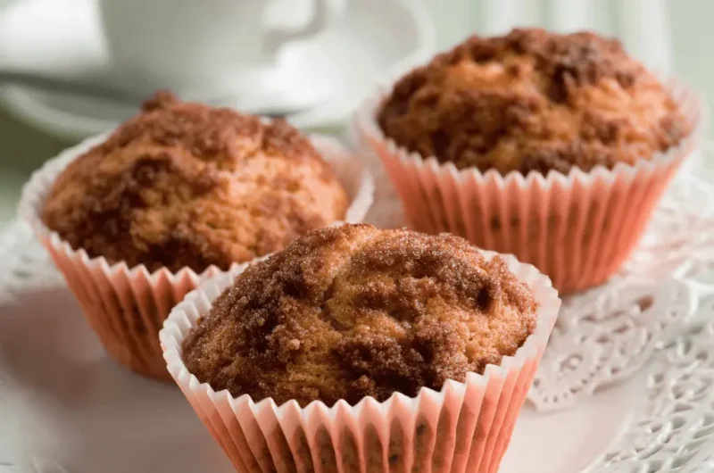 Three fresh streusel-topped coffee cake muffins in pink liners arranged on a white plate next to a blurred cup of hot coffee.
