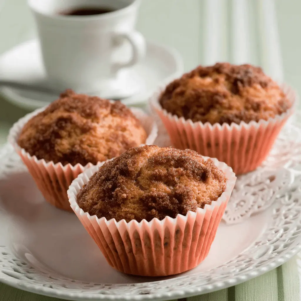 Three fresh streusel-topped coffee cake muffins in pink liners arranged on a white plate next to a blurred cup of hot coffee.