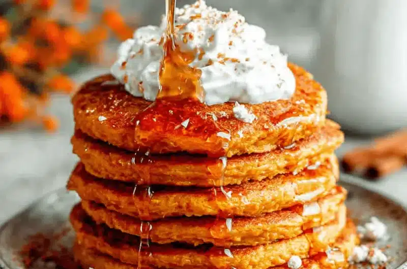 Tall stack of sweet potato pancakes being drenched in glossy maple syrup and topped with whipped cream and spices.