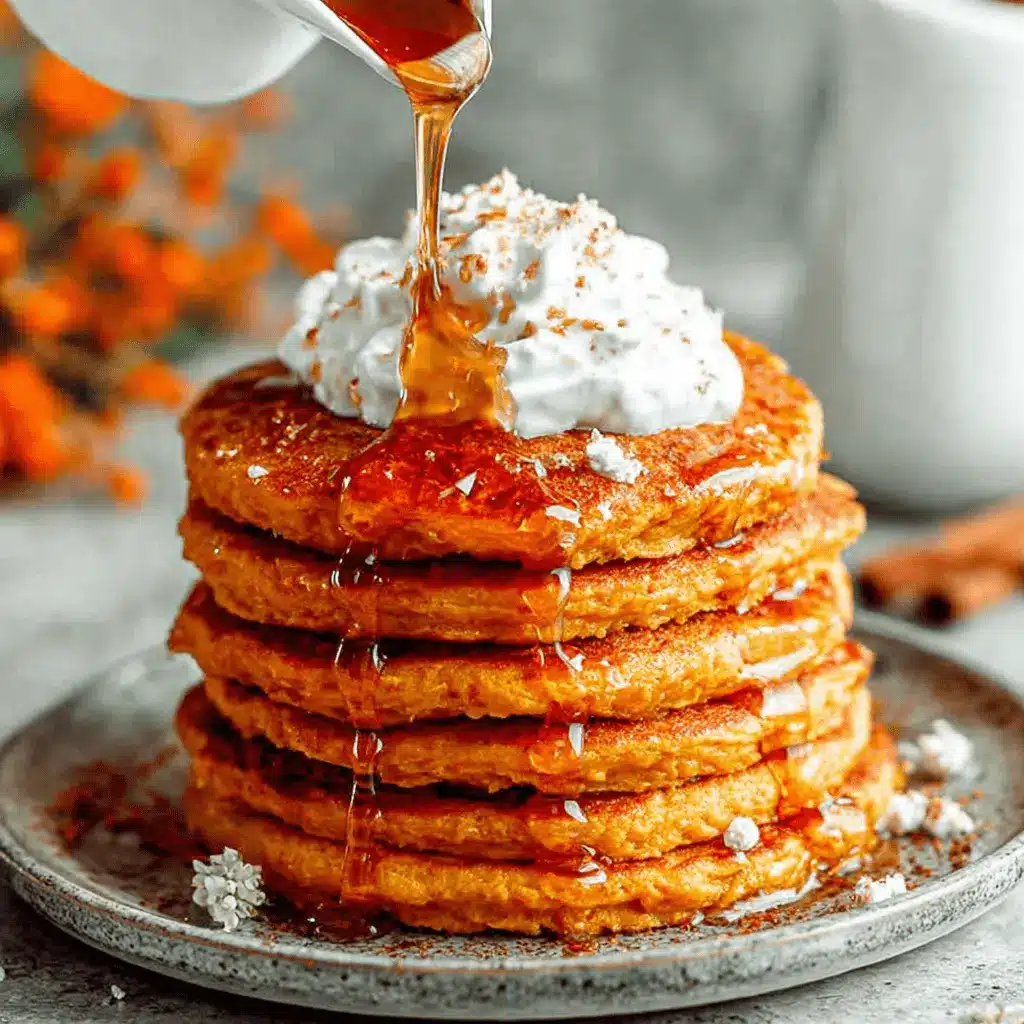 Tall stack of sweet potato pancakes being drenched in glossy maple syrup and topped with whipped cream and spices.