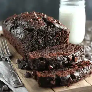 Rustic close-up of a moist, sliced chocolate banana bread loaf loaded with chocolate chips on a wooden cutting board.