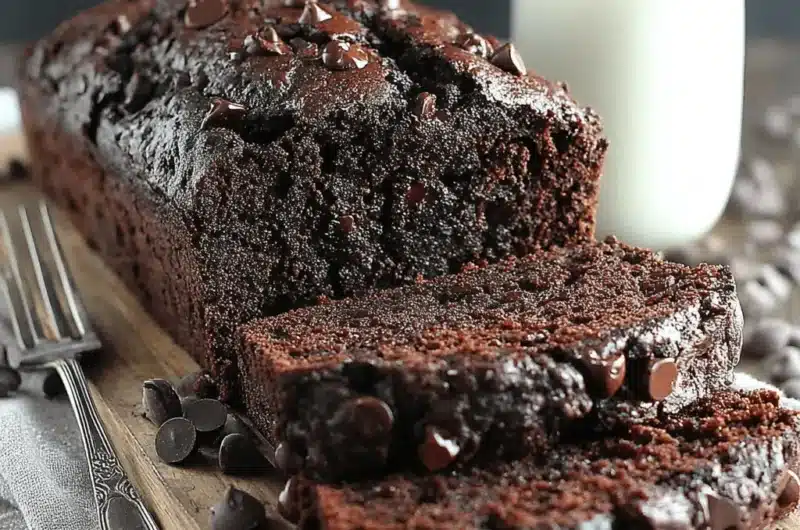Rustic close-up of a moist, sliced chocolate banana bread loaf loaded with chocolate chips on a wooden cutting board.