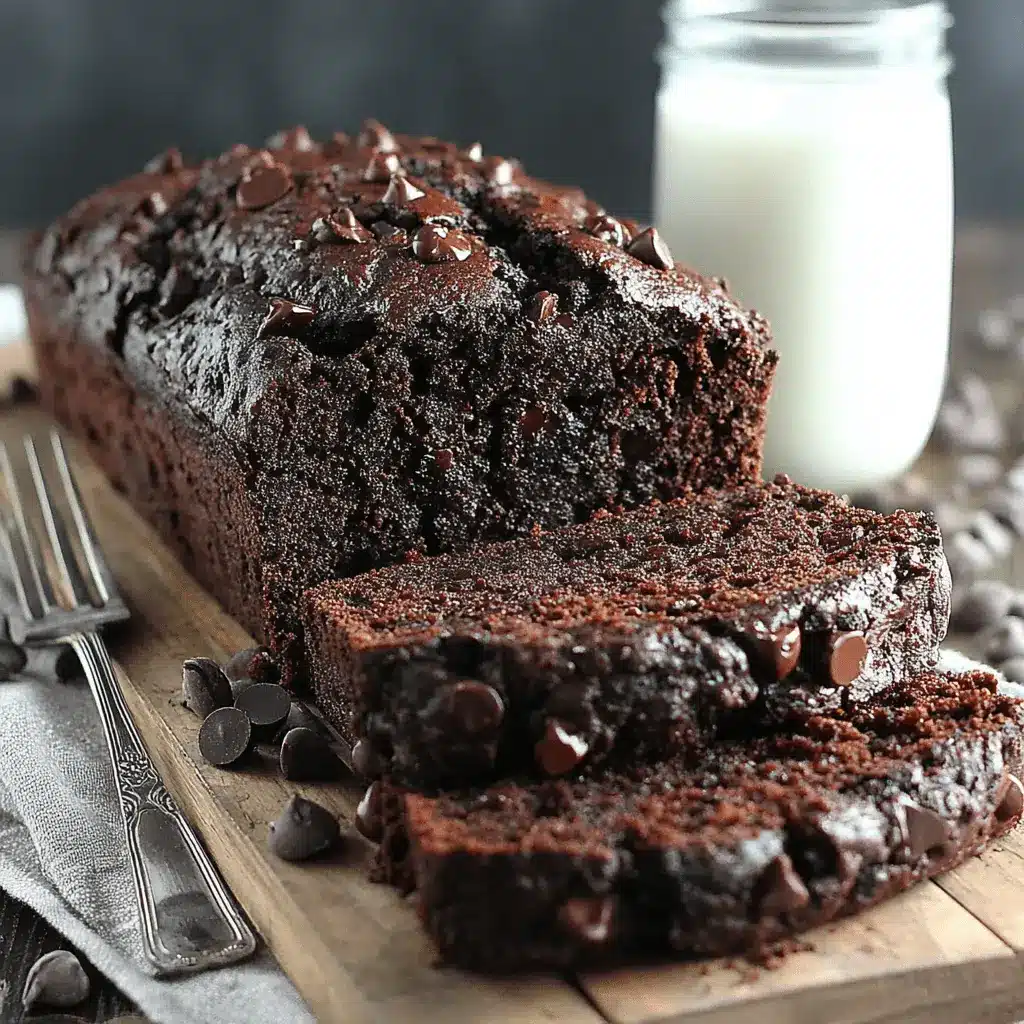 The Ultimate Chocolate Banana Bread Recipe 2 Rustic close-up of a moist, sliced chocolate banana bread loaf loaded with chocolate chips on a wooden cutting board.