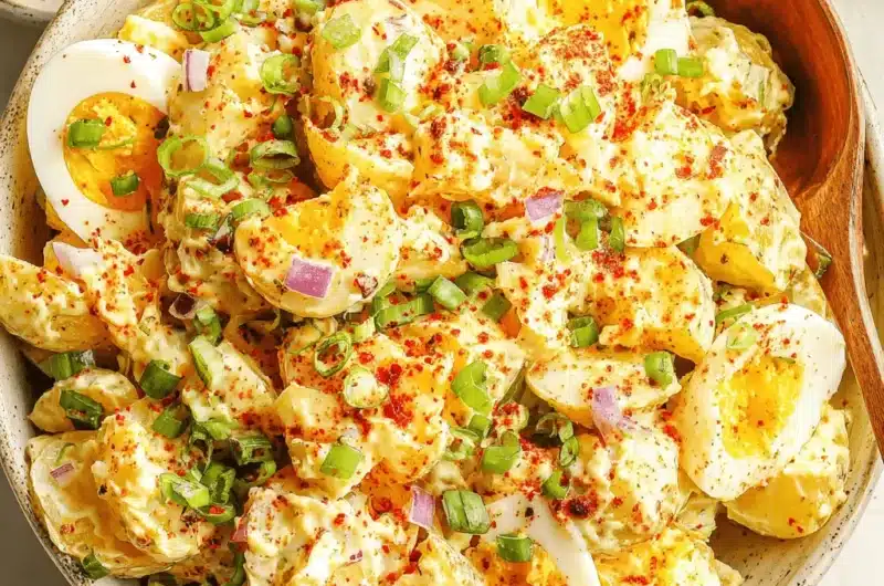 Appetizing close-up of chunky, creamy classic potato salad generously topped with sliced hard-boiled eggs and vibrant green scallions.