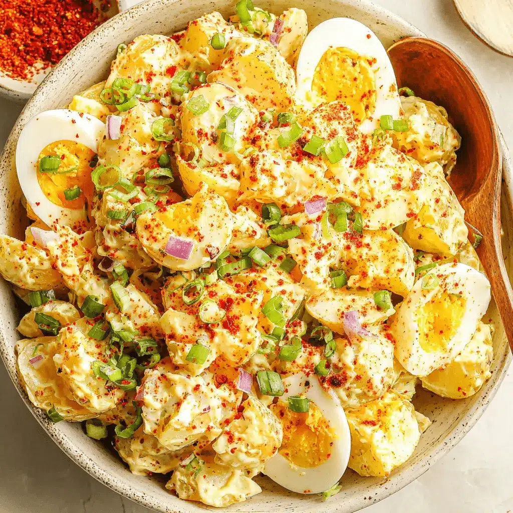 Appetizing close-up of chunky, creamy classic potato salad generously topped with sliced hard-boiled eggs and vibrant green scallions.