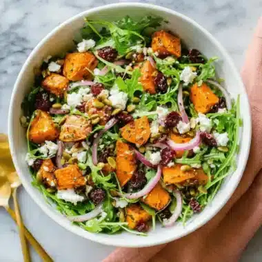 Vibrant butternut squash and arugula salad with feta and cranberries, a colorful take on a cold sweet potato salad recipe.