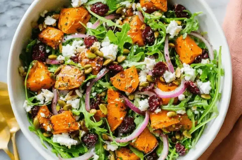 Vibrant butternut squash and arugula salad with feta and cranberries, a colorful take on a cold sweet potato salad recipe.