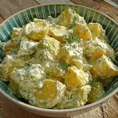 Close-up of creamy, dill-garnished homemade potato salad with egg served in a rustic bowl on a wooden table.