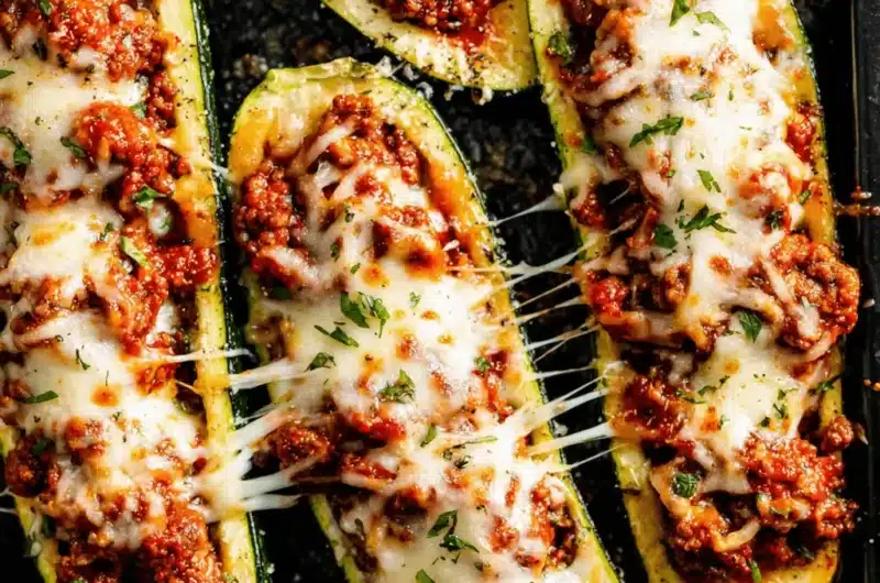 Four baked stuffed zucchini boats with stringy melted mozzarella cheese and savory meat filling on a dark tray.