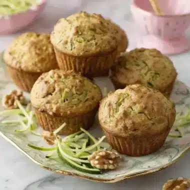 Foolproof Zucchini Muffins: The Ultimate Recipe 3 Appetizing close-up of golden-brown zucchini muffins served on a decorative platter, garnished with walnuts and fresh zucchini.