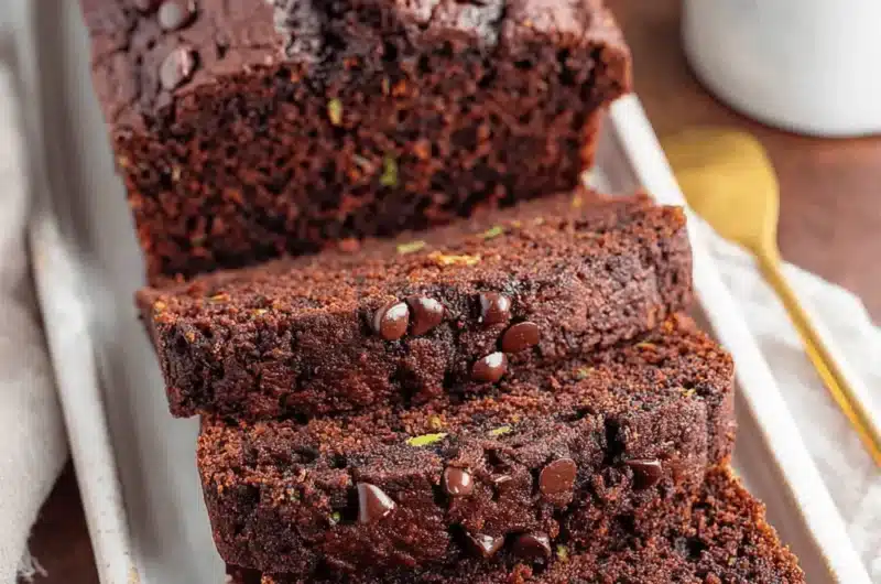 Sliced, moist loaf of dark chocolate zucchini bread showing green zucchini flecks and melted chocolate chips.