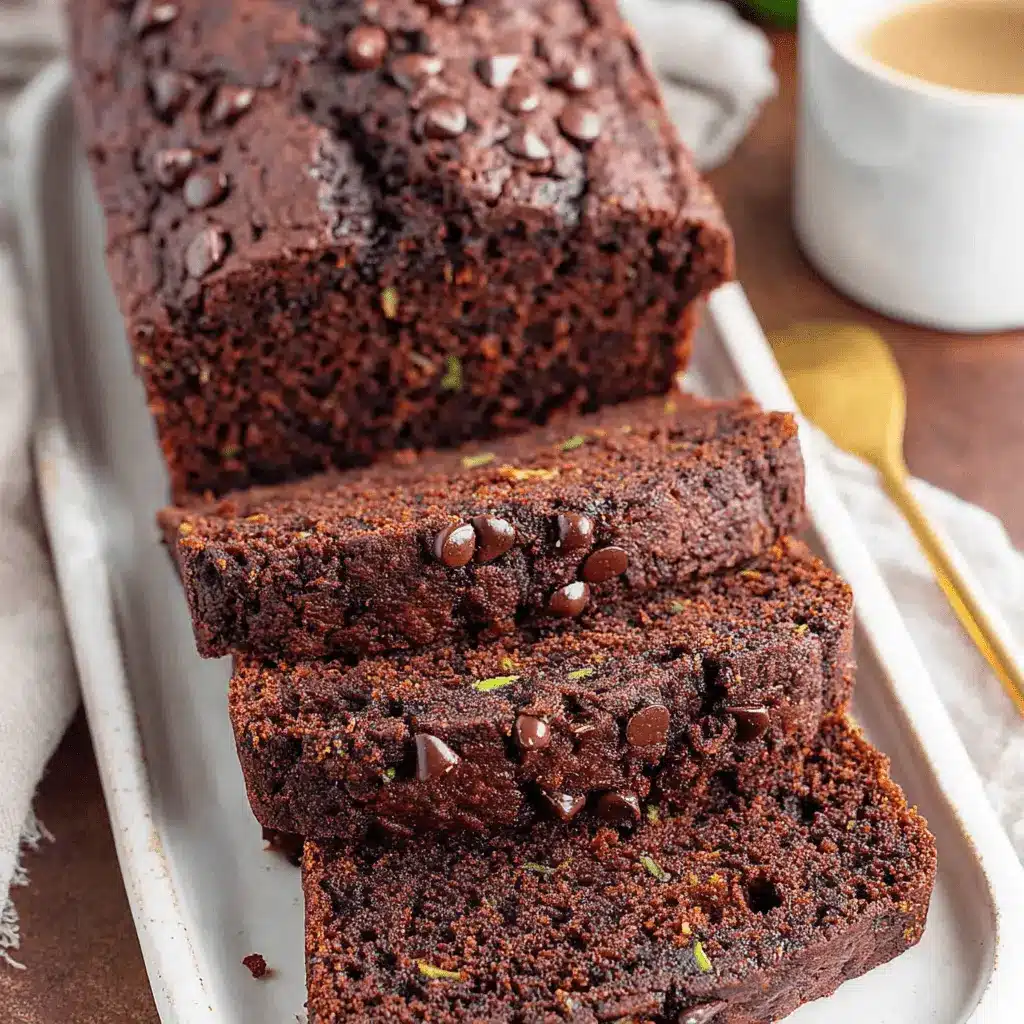 The Ultimate Moist Chocolate Zucchini Bread 2 Sliced, moist loaf of dark chocolate zucchini bread showing green zucchini flecks and melted chocolate chips.