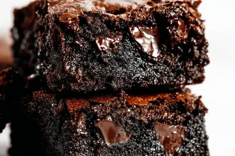 Stacked, fudgy zucchini brownies showing a glossy, cracked crust and large embedded chocolate chunks.