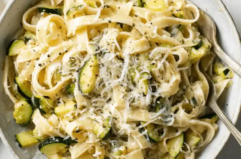 High-angle close-up of creamy fettuccine zucchini pasta topped with grated Parmesan cheese and black pepper in a rustic ceramic bowl.