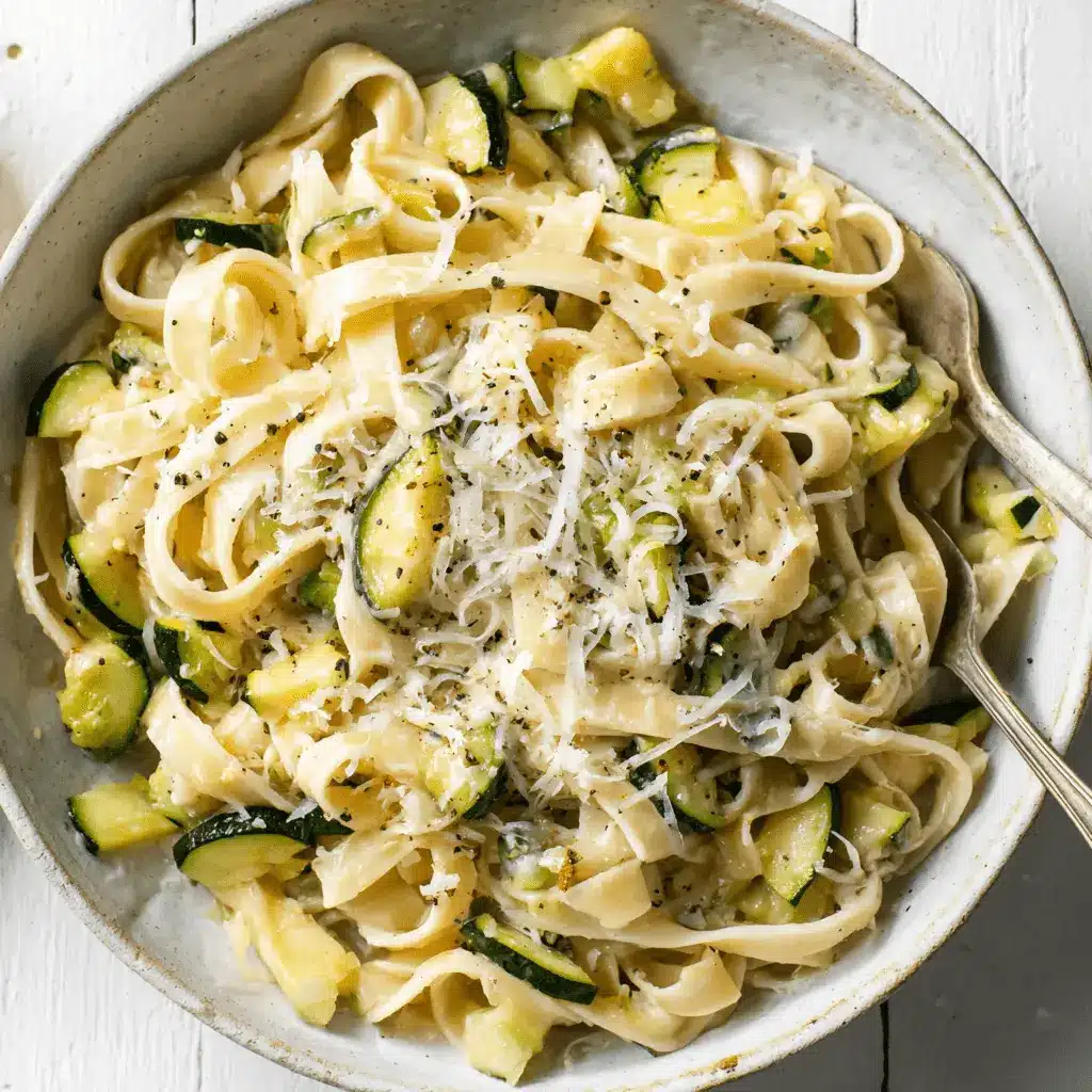 High-angle close-up of creamy fettuccine zucchini pasta topped with grated Parmesan cheese and black pepper in a rustic ceramic bowl.