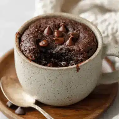 Decadent, fudgy chocolate brownie in a mug recipe served hot in a speckled stoneware mug with melted chocolate chips.