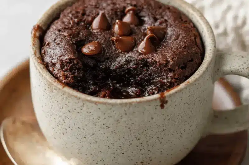 Decadent, fudgy chocolate brownie in a mug recipe served hot in a speckled stoneware mug with melted chocolate chips.