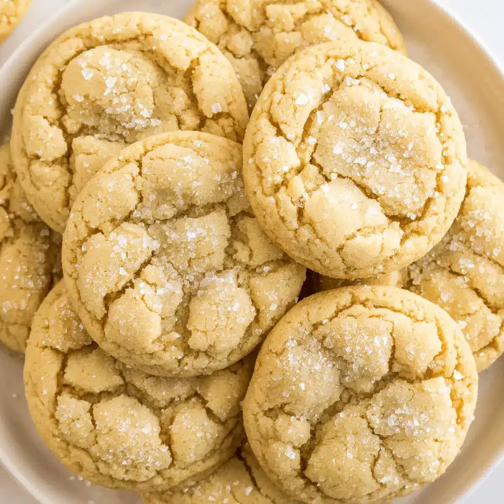 The Ultimate Classic Sugar Cookies Recipe 2 Close-up of freshly baked Classic Sugar Cookies with crinkled tops and sparkling sugar crystals, piled in a white dish.