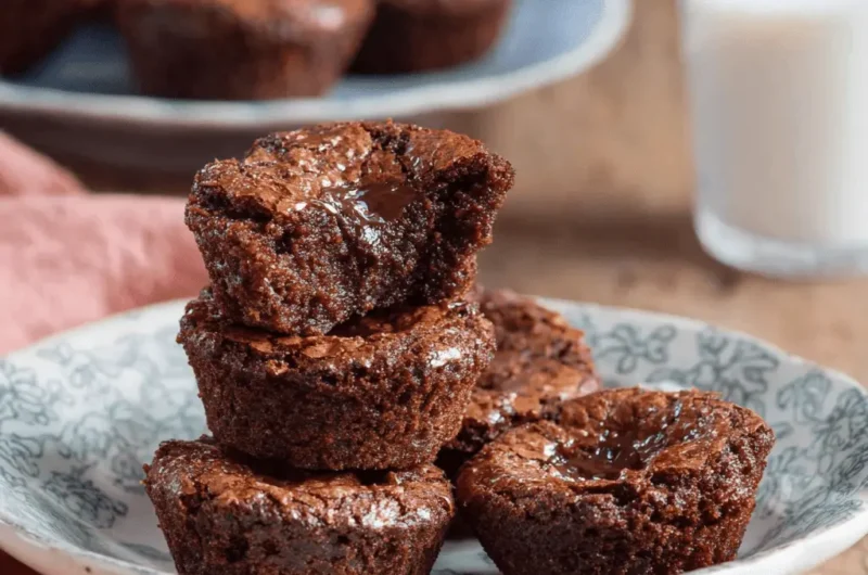 Stacked fudgy chocolate brownie bites on a rustic plate, revealing a gooey chocolate center.