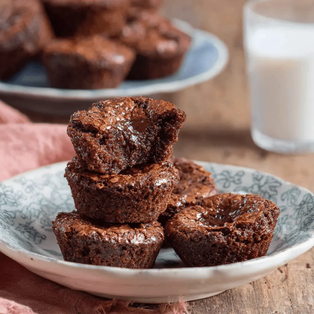 Stacked fudgy chocolate brownie bites on a rustic plate, revealing a gooey chocolate center.