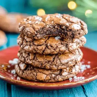 Stack of four fudgy, sea salt-sprinkled **brownie mix cookies** on a burnt-red plate against a vibrant teal background.