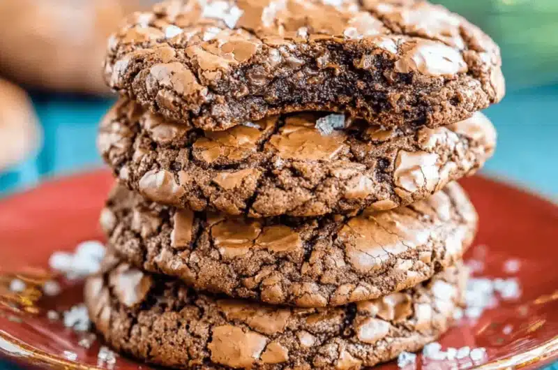 Stack of four fudgy, sea salt-sprinkled **brownie mix cookies** on a burnt-red plate against a vibrant teal background.