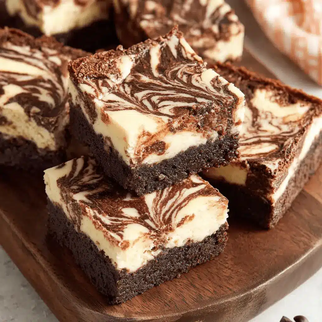 Close-up of fudgy brownie cheesecake squares stacked on a dark wooden board, showcasing the creamy swirled marbling effect.