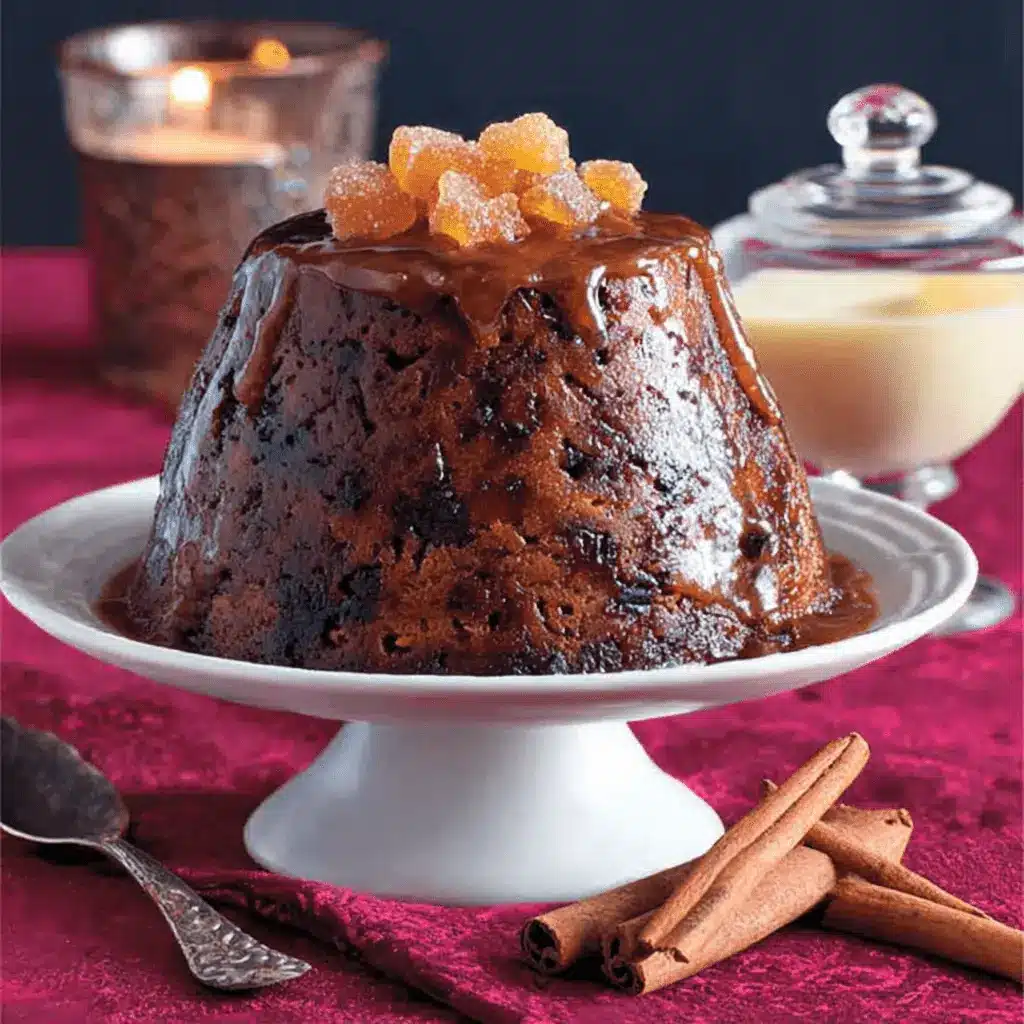 High-quality photo of a rich, sauce-covered Christmas Pudding topped with candied ginger, set on a pedestal stand against deep crimson velvet with cinnamon sticks and warm candlelight.