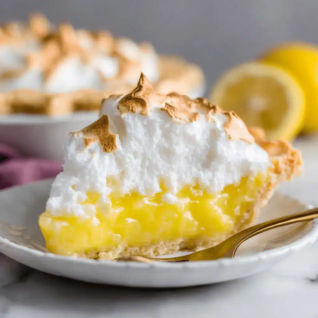The Ultimate Foolproof Lemon Meringue Pie 2 Appetizing slice of lemon meringue pie featuring tall, perfectly toasted meringue peaks and vibrant yellow lemon curd.
