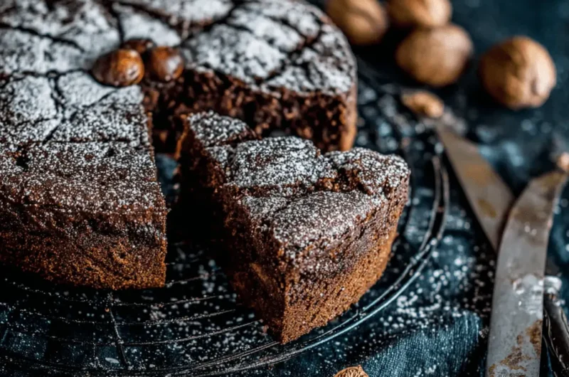 A dense, dark Chocolate Chestnut Cake dusted with powdered sugar, presented in a moody still-life.