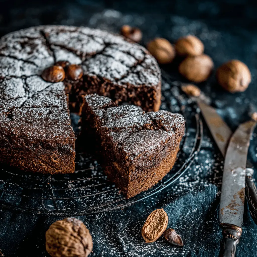A dense, dark Chocolate Chestnut Cake dusted with powdered sugar, presented in a moody still-life.