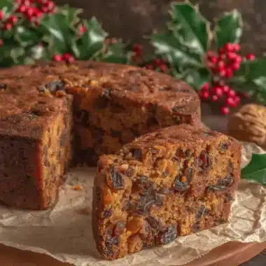 Rustic photograph of a rich slice of traditional Christmas Fruit Cake packed with dried fruits and nuts, presented with holly and walnuts.