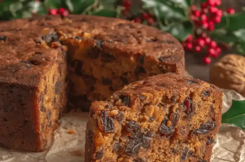 Rustic photograph of a rich slice of traditional Christmas Fruit Cake packed with dried fruits and nuts, presented with holly and walnuts.