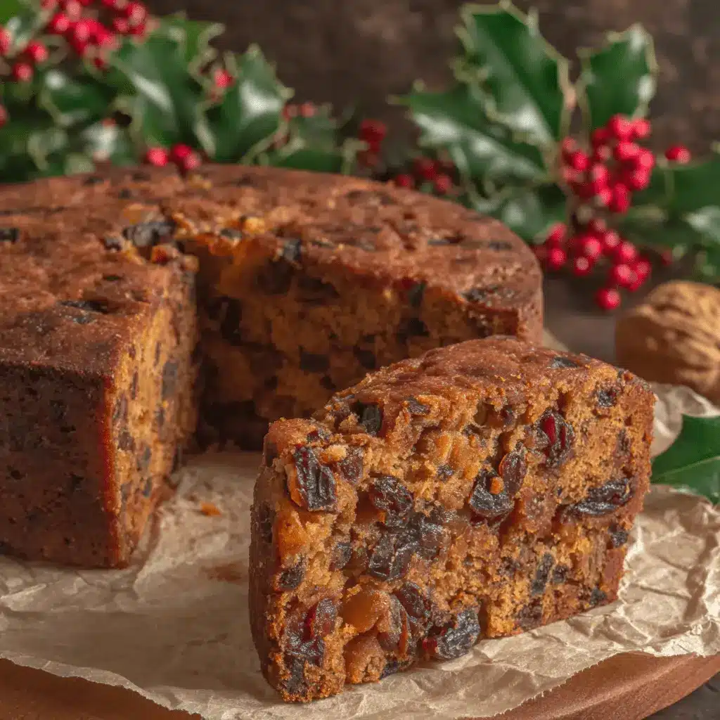 The Ultimate Foolproof Christmas Fruit Cake Recipe 2 Rustic photograph of a rich slice of traditional Christmas Fruit Cake packed with dried fruits and nuts, presented with holly and walnuts.
