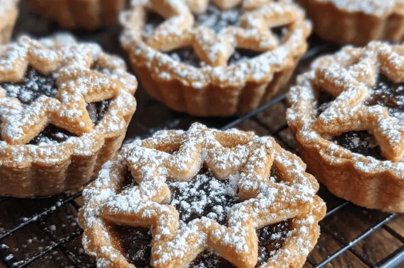 Close-up of golden Mince Pie tarts topped with a pastry star design and heavy powdered sugar on a cooling rack.