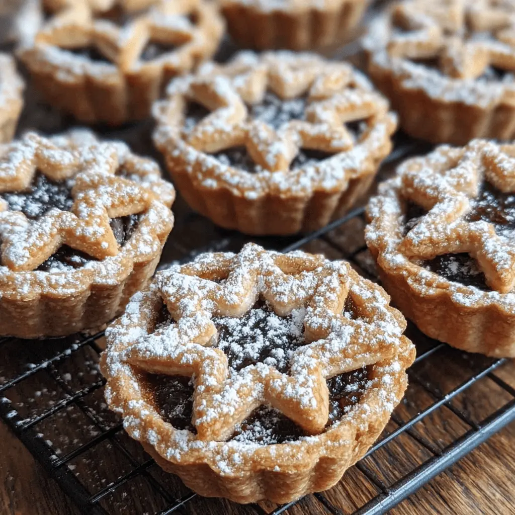 Close-up of golden Mince Pie tarts topped with a pastry star design and heavy powdered sugar on a cooling rack.