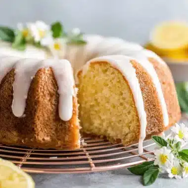 Sliced, golden-brown citrus bundt cake with thick white glaze and floral garnish on a copper cooling rack.