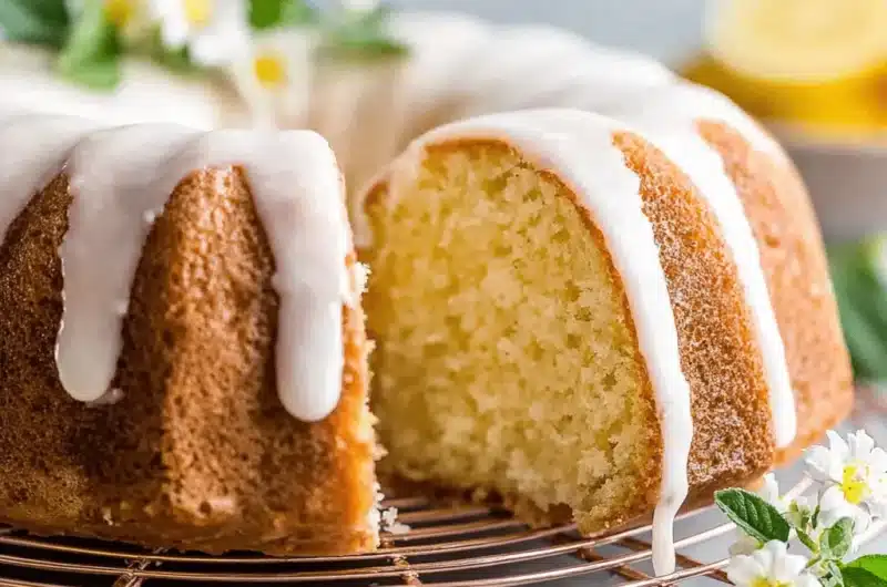 Sliced, golden-brown citrus bundt cake with thick white glaze and floral garnish on a copper cooling rack.