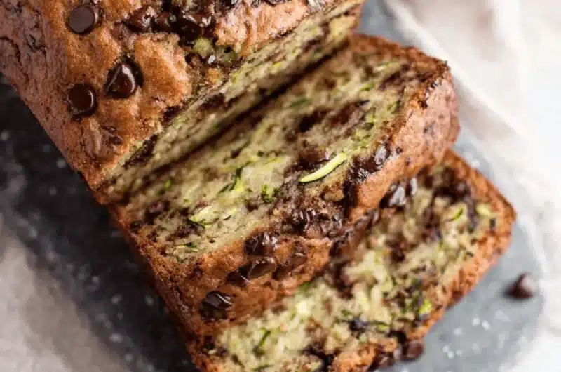 Freshly sliced, moist chocolate chip zucchini banana bread loaf resting on a slate board, highlighting the perfect crumb texture.