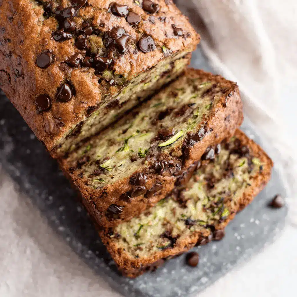 Freshly sliced, moist chocolate chip zucchini banana bread loaf resting on a slate board, highlighting the perfect crumb texture.