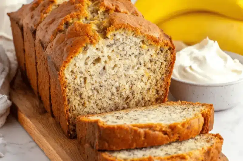 Sliced loaf of moist, golden-brown greek yogurt banana bread on a rustic wooden board, ready to serve with cream and ripe bananas.