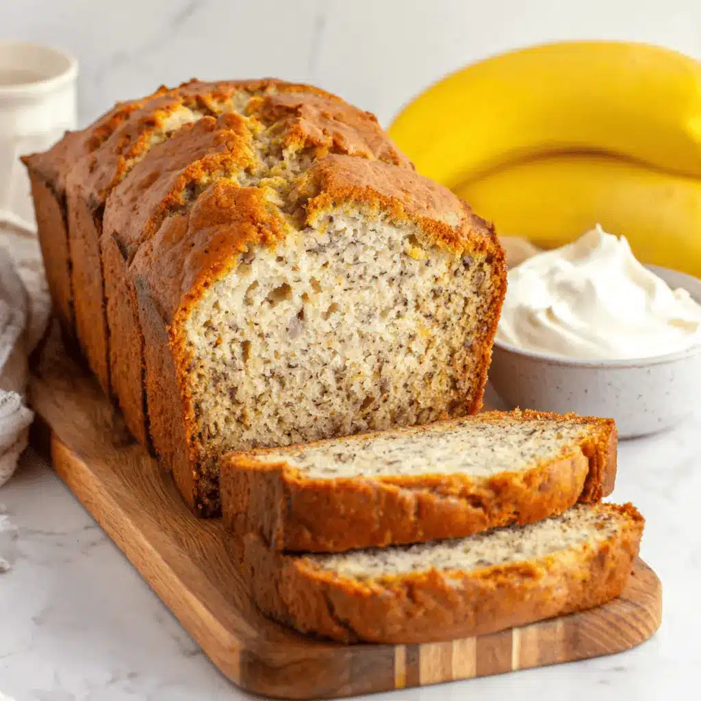 Sliced loaf of moist, golden-brown greek yogurt banana bread on a rustic wooden board, ready to serve with cream and ripe bananas.